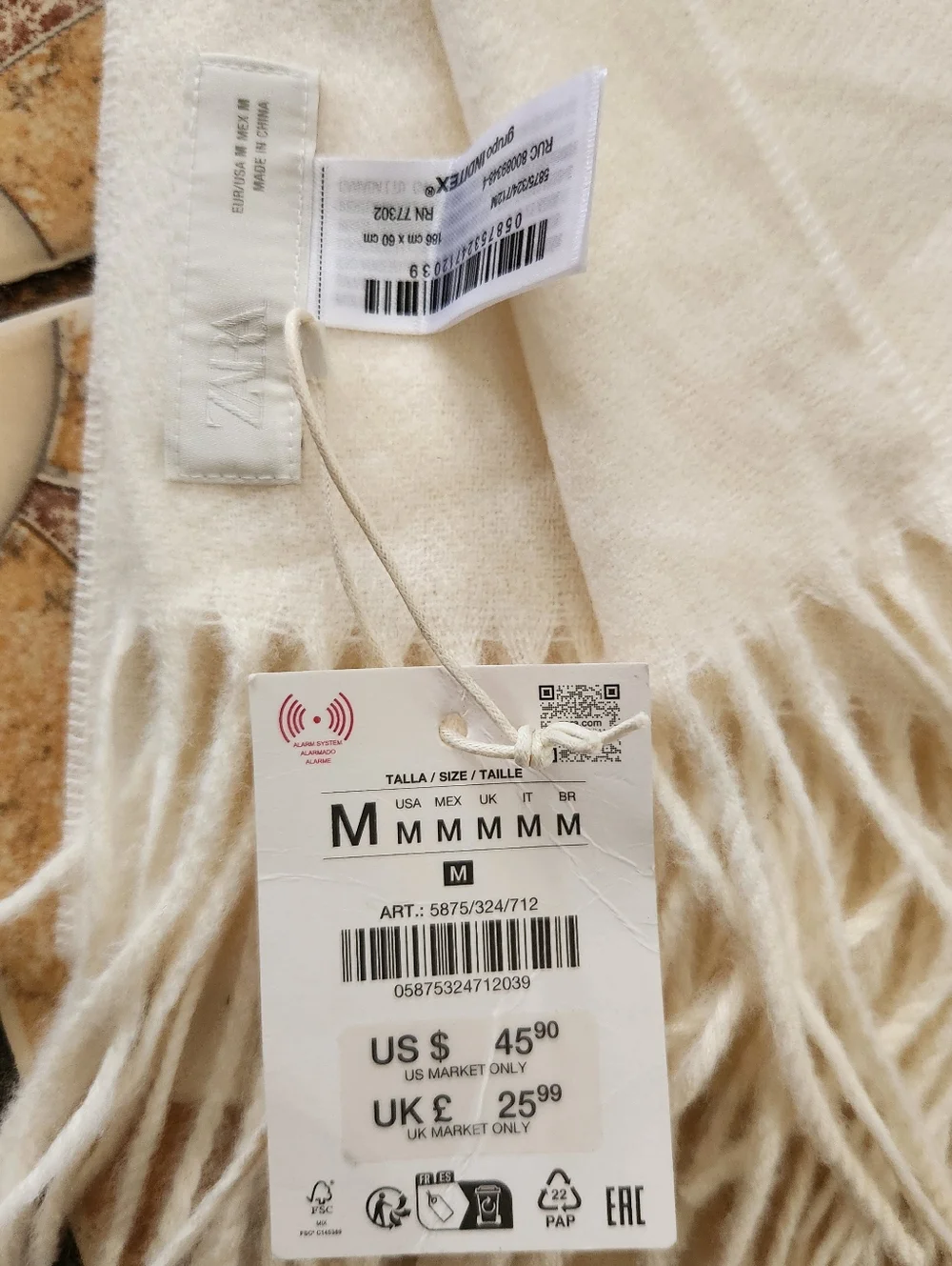 ZARA Men's White Fringe Scarf 100% Acrylic Solid M 180x60cm Winter Fall - Picture 5 of 5